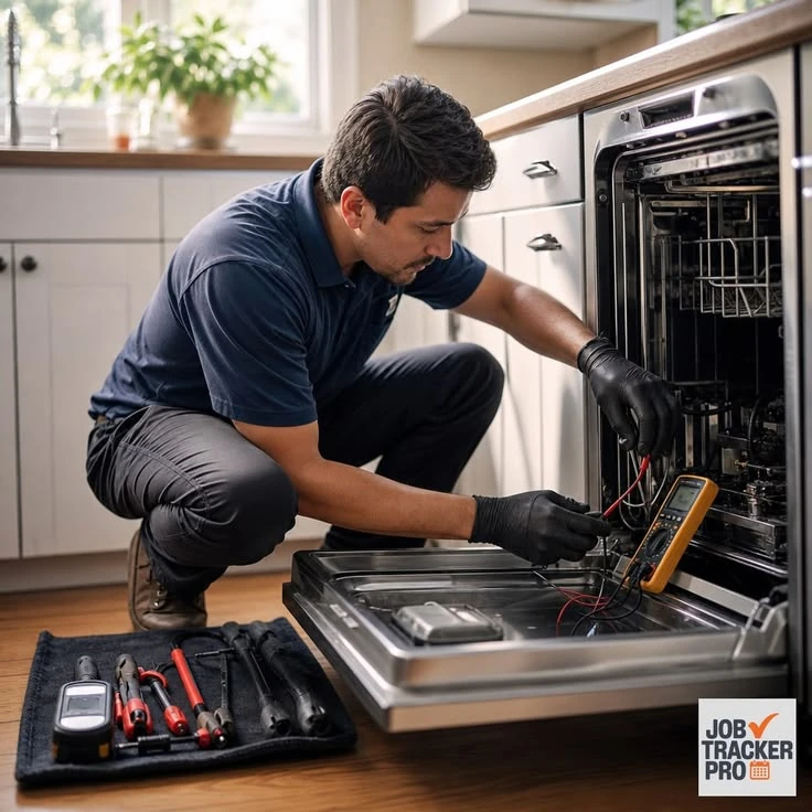 Technician using a multimeter to troubleshoot an open dishwasher