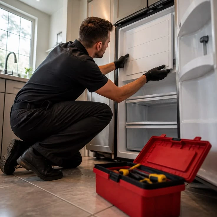 Technician inspecting the interior of an open refrigerator beside a red tool case
