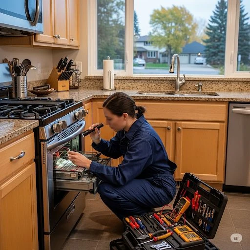Technician examining the inside of a stove and oven with a flashlight and repair tools