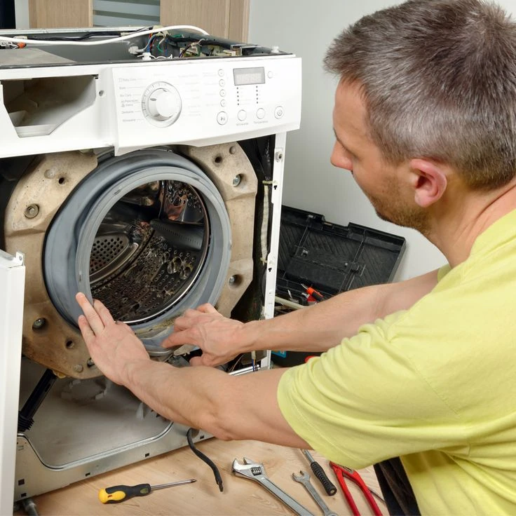 Technician checking the drum and door seal of an opened washing machine