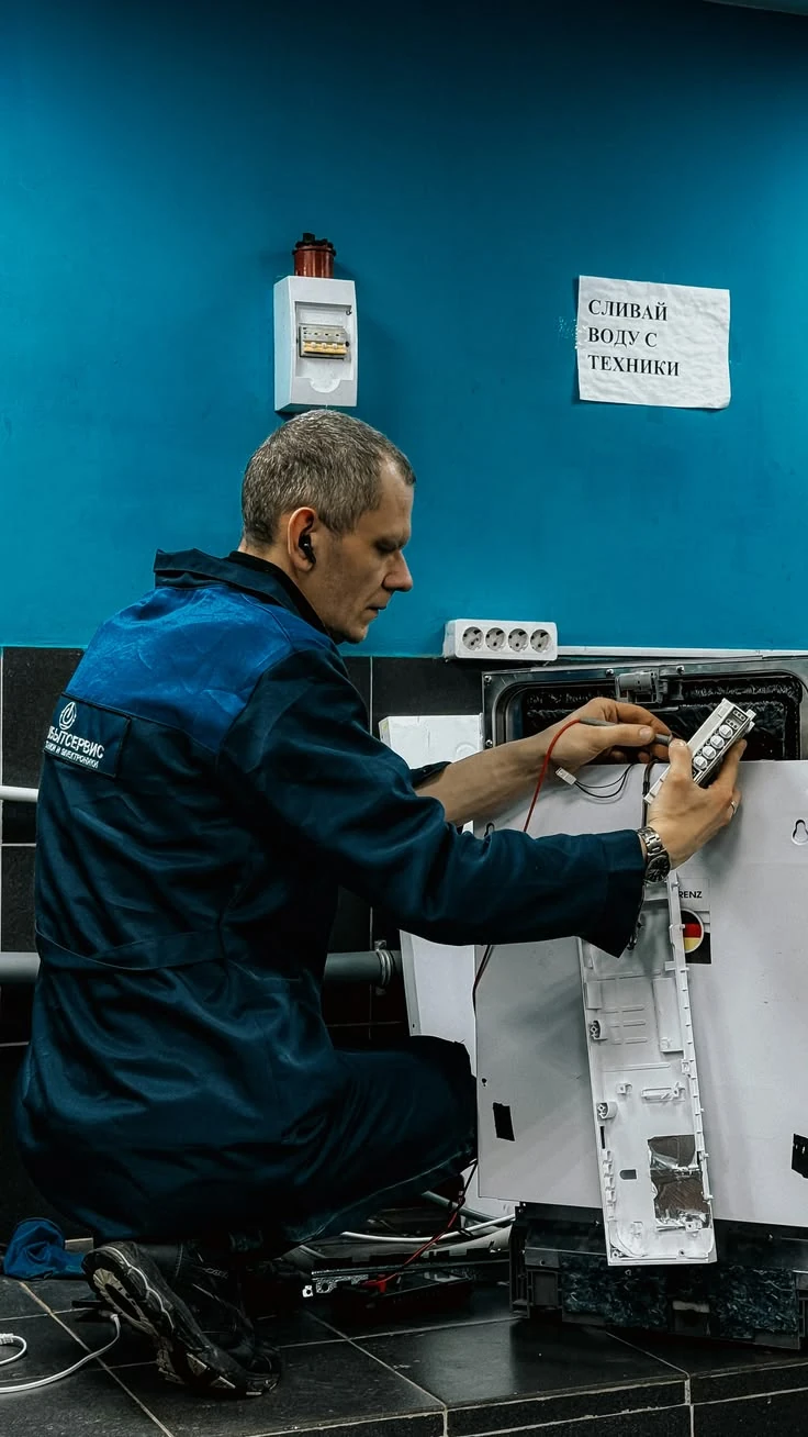 Technician testing an appliance control component with a digital multimeter in a workshop